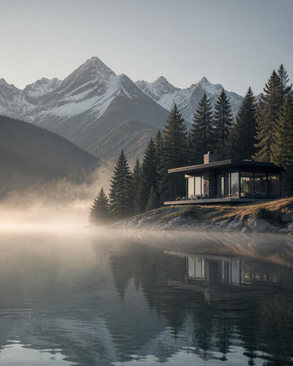Minimalistisches Luxushaus an einem Schweizer Bergsee im Morgennebel